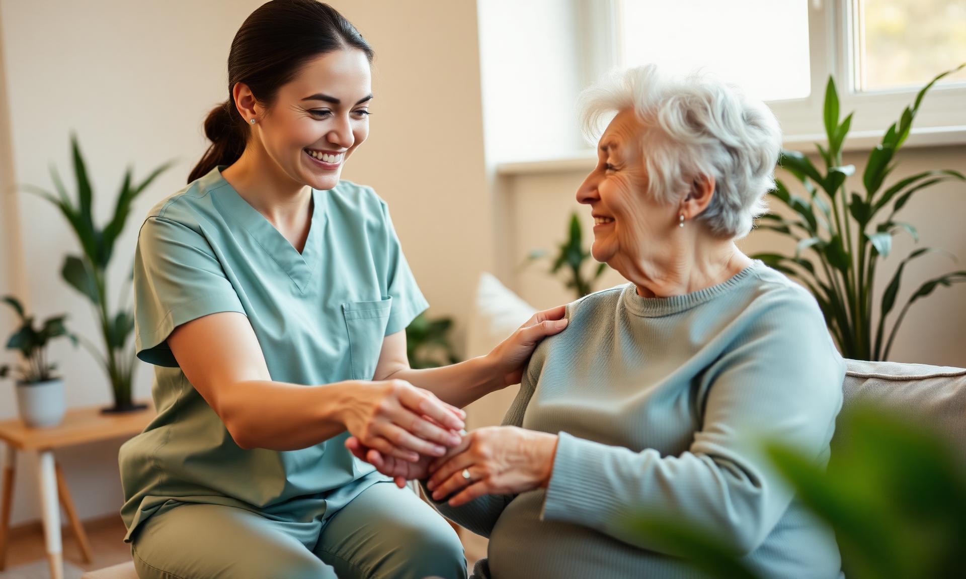 A caregiver holding hands with a smiling senior at home